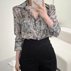 韩国chic春夏法式复古气质翻领，微透性感长袖印花雪纺衬衫上衣