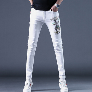 香港男士高端刺绣烫钻印花白色牛仔裤男潮牌，修身小脚弹力时尚裤子