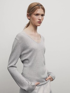 Massimo Dutti2024女装格雷系灰色基础打底内搭纯棉V领毛衣针织衫