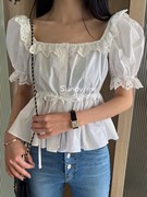 韩国东大门24夏 时尚气质淑女收腰花边方领单排扣泡泡袖衬衫