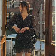 韩国女装m2024早春气质时尚纯色，薄纱v领长袖碎花连衣短裙