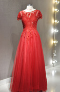 红色礼服二手圆领短袖水晶，重工纱裙主持年会，宴会成人礼结婚敬酒服