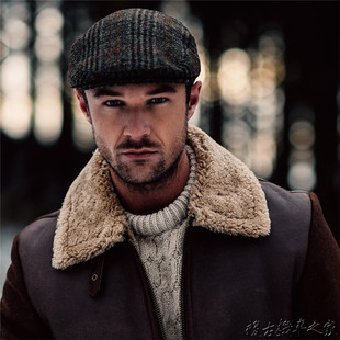 英国品牌绅士鸭舌帽Harris Tweed纯新羊毛粗花呢冬季报童平顶帽子
