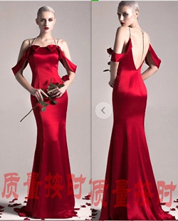 2020大红色新娘结婚敬酒晚礼服修身显瘦大露背，性感时尚伴娘礼服裙