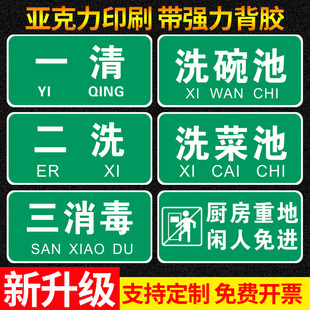 亚克力厨房4d管理标识一清二洗三消毒标牌，洗菜池洗手池标示厨房重地闲人，免进标志生熟荤素冷热分类指示贴牌子