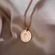 网红款毛衣链长款2023年韩国时尚硬币金币项链，高档钛钢玫瑰金