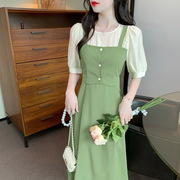 轻奢名媛假两件绿色连衣裙子女装夏季2024年收腰显瘦气质长裙