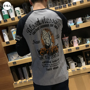 秋季个性潮男t恤ins日系佛手插肩圆领长袖T恤男潮宽松原宿风日单t