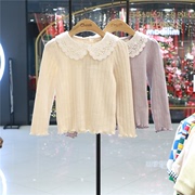 cheek韩国童装2024年春季女童纯色蕾丝娃娃领长袖T恤打底衫