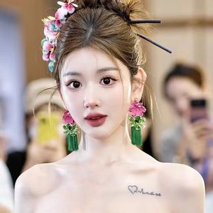 新中式新娘耳环绿色花朵流苏结婚礼服旗袍敬酒服耳饰品跟妆造型女