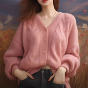 软糯粉色慵懒风毛衣外套女秋冬季针织开衫外穿宽松上衣女装厚