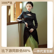 新中式国风黑绿色，拼接改良旗袍连衣裙长款秋季晚会，礼服日
