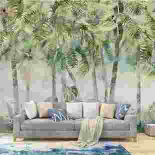 北欧热带棕榈树风景壁纸丛林椰子树植物壁画客厅电视背景墙纸墙布