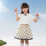 富罗迷女童套装22年夏季韩版甜美蝴蝶结T恤波点网纱裙两件套