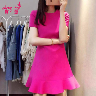 连衣裙收腰显瘦甜美韩国粉色大码女装玫色鱼尾气质小个子裙子