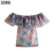 bbwm欧美女装，小清新欧根纱印花荷叶，边一字肩连衣裙