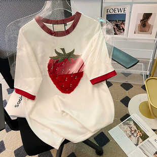设计感小众拼色刺绣草莓短袖t恤女2023夏季宽松半袖纯棉上衣