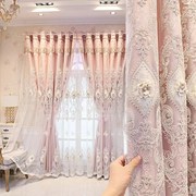 欧式双层女孩窗帘粉色布纱一体成品浮雕绣花客厅卧室奢华定制窗帘