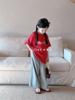 木西童品2024春夏韩国版男女童洋气红色字母卷边短袖T恤百搭上衣