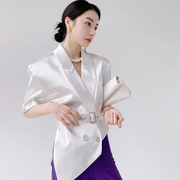 AKSAYA高级感港风复古不规则短袖西装外套女设计感小众白色上衣夏