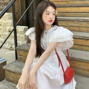 大码女装胖妹妹mm宽松甜美刺绣荷叶边双层飞飞，袖夏季短袖连衣裙潮