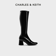 charles&keith女靴，ck1-91720014漆皮拼头加绒高跟，长靴瘦瘦靴女