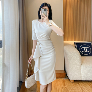 女神范优雅(范优雅)气质白色，连衣裙夏修身(夏修身)高端设计宴会礼服法式小白裙
