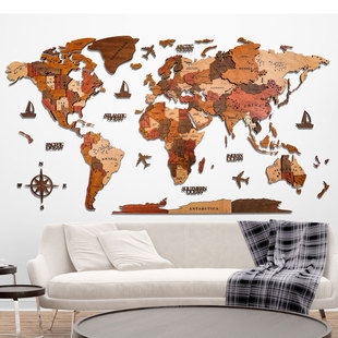 北欧3d立体实木质世界地图，墙面装饰创意客厅，沙发背景墙贴办公室