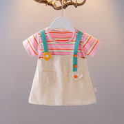 夏季女宝宝洋气背带，裙1-3岁女童条纹连衣裙韩版2婴儿短袖裙子