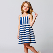 夏日清爽海军风意大利童装，gaialuna女童棉质，蓝白条纹连衣裙3-7岁