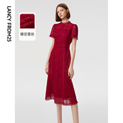 朗姿法式蕾丝时尚镂空红色，连衣裙女春夏气质高级感中长款裙子