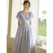 2024年夏季女装茶歇法式桔梗复古高级感气质蓝色条纹连衣裙子