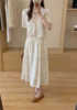韩国chic气质蕾丝花朵重工米色木耳边系带上衣镂空刺绣半身裙套装