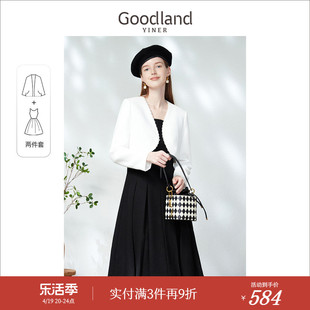 Goodland美地女装春季方领赫本风短外套背心连衣裙两件套