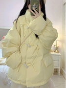 黄色九江羽绒棉服女2023冬季韩系牛角扣棉衣，外套宽松加厚棉袄