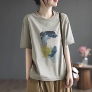 原创夏装纯棉女士短袖T恤中国风印花文艺宽松圆领薄上衣