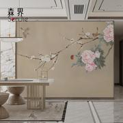 新中式古典牡丹花鸟壁纸电视，背景墙墙纸客厅，沙发壁画无缝墙布壁布