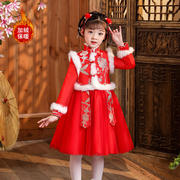 印花红色唐装旗袍加绒内胆，两件套装儿童，裙子2021中国风女公主冬季