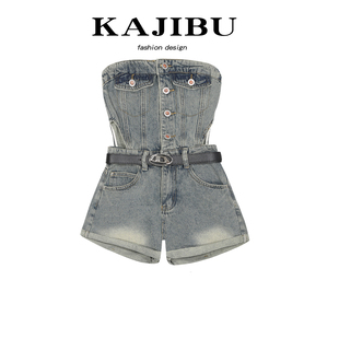 kajibu美式复古高腰牛仔，连体裤女夏季设计感烫钻性感辣妹抹胸短裤