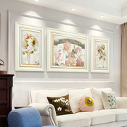 欧式客厅装饰画复古沙发背景墙三联画卧室花卉，田园简欧壁画法式