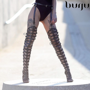 burju-Gladysse黑色镂空带腰带长靴，高跟爵士长靴，heels拉丁鞋