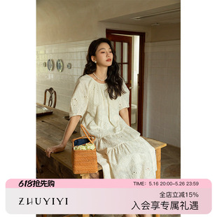 ZHUYIYI法式宽松圆领泡泡袖A字裙2024夏新款刺绣白色蕾丝连衣裙女