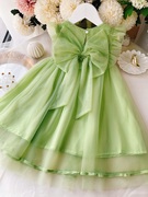 公主裙女童裙子绿色小女孩，连衣裙蝴蝶结儿童夏装，纱裙女宝宝蕾丝裙