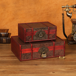 带锁收纳盒木盒复古老式储物盒小木箱首饰收藏盒子，木质包装盒