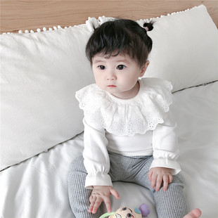 春秋季女婴童纯棉上衣韩版女宝宝，纯色娃娃领长袖，t恤打底衫