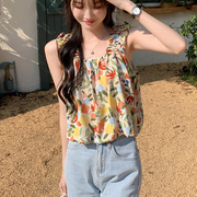 雪纺衫碎花小吊带背心女内搭外穿夏季短款无袖t恤上衣洋气打底衫