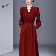 帝柔春秋轻奢高级感礼服，连衣裙法式复古气质中长裙红色长袖女