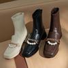 2021秋冬短靴女法式复古单靴串珠装饰粗跟单靴大小码马丁靴女
