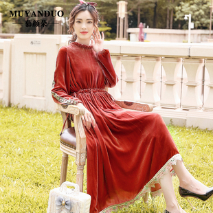法式赫本风连衣裙秋装气质高端桔红色真丝丝绒收腰抽绳女神范衣服