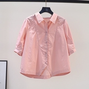 设计感拼接粉色棉衬衣女宽松中袖衬衫2023夏季时尚小众休闲上衣潮